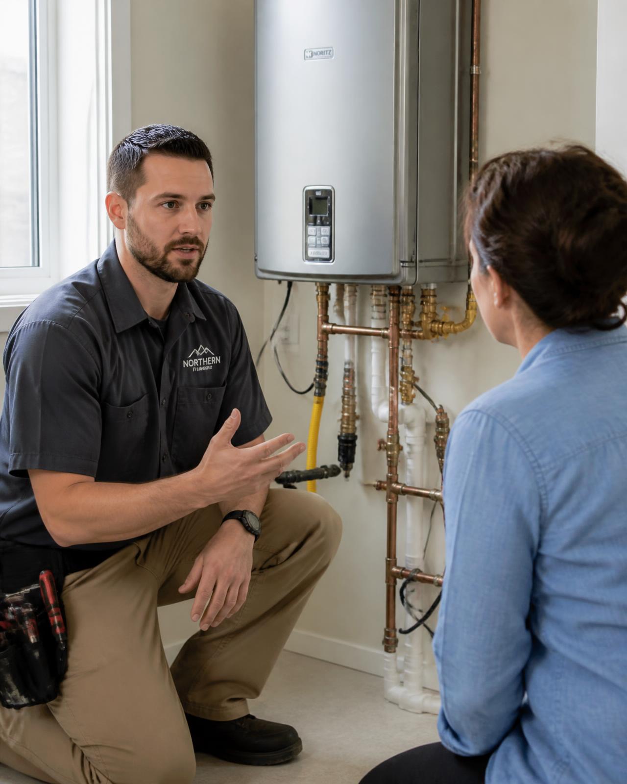 Plumbing technician explaining water heater work to a homeowner