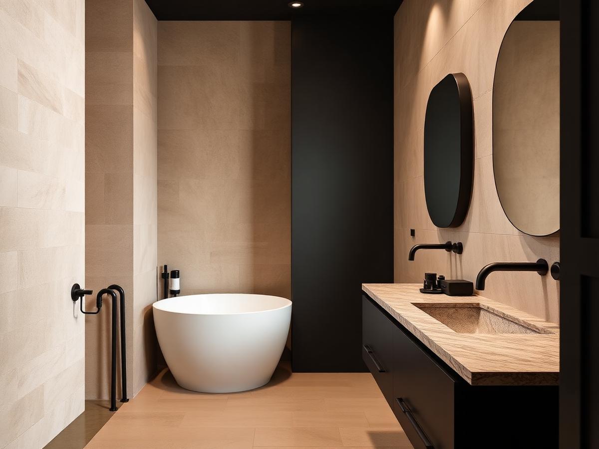 Modern bathroom with matte black fixtures, stone vanity and freestanding tub