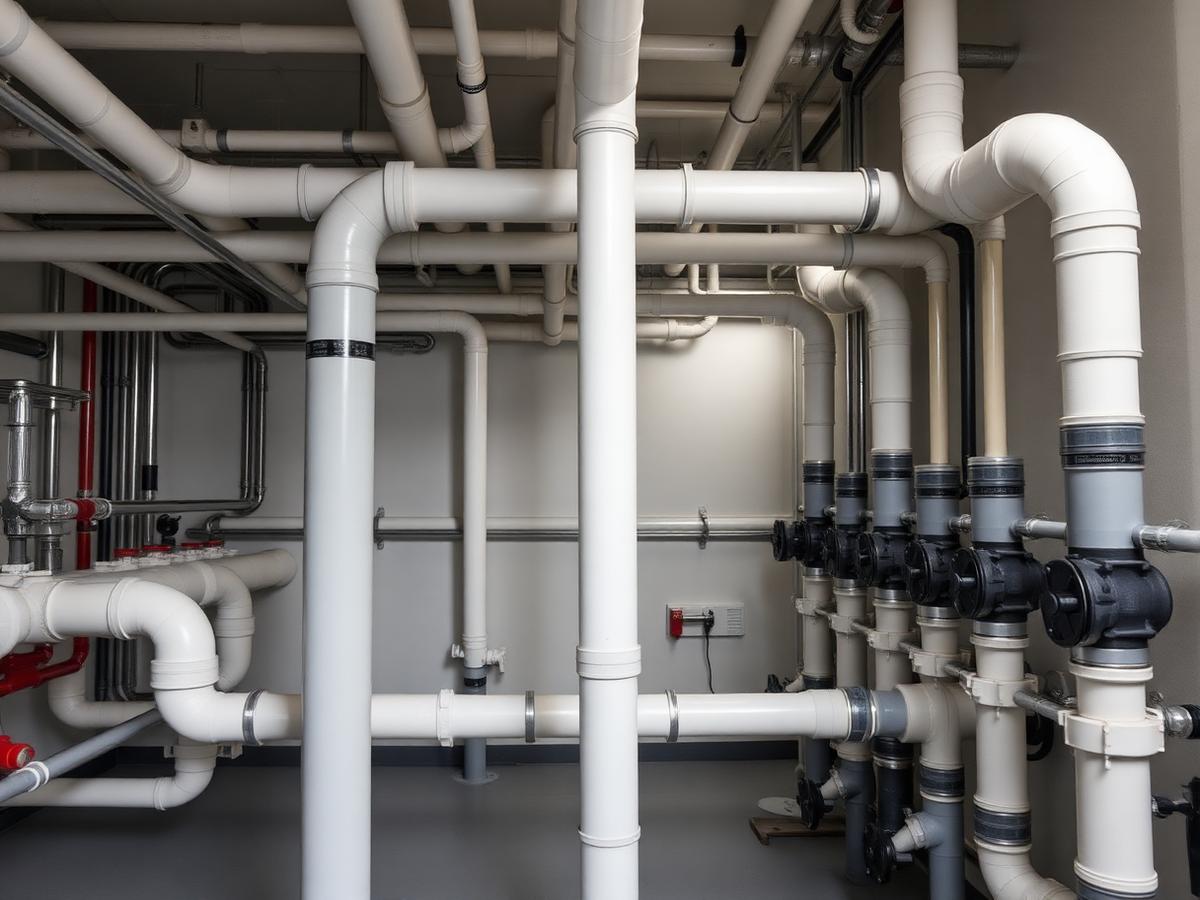Organized pipe runs and valves in a commercial building mechanical room