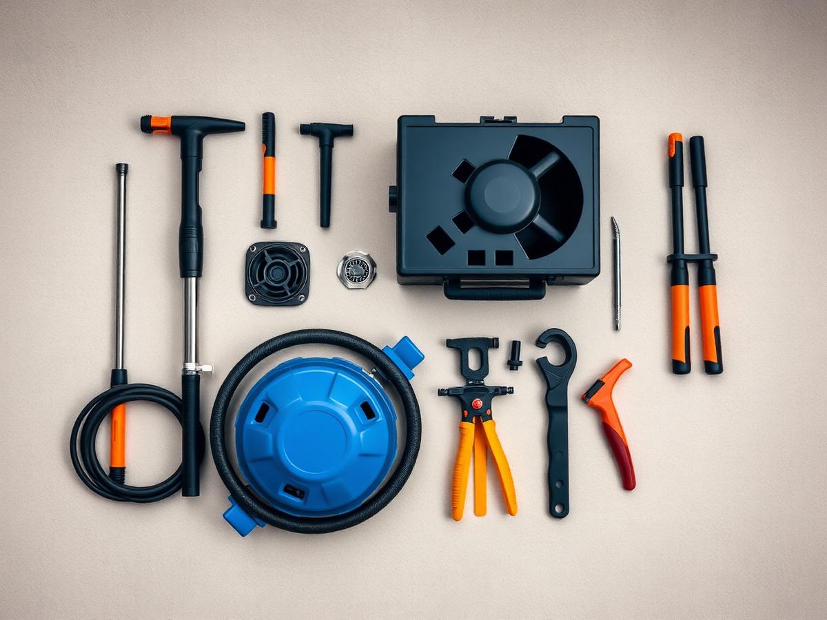 Professional drain cleaning equipment and plumbing tools laid out neatly