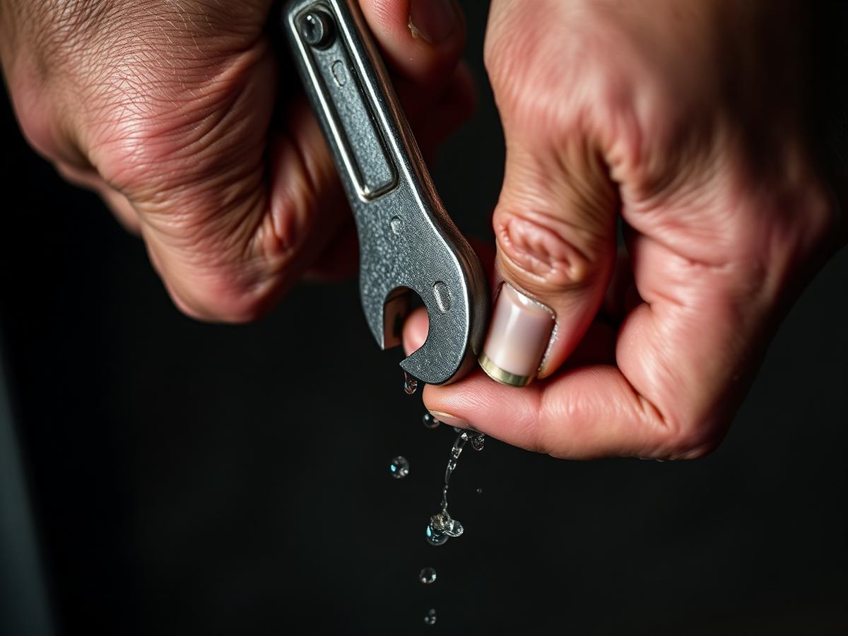 Close-up of a technician tightening a pipe fitting to stop a leak