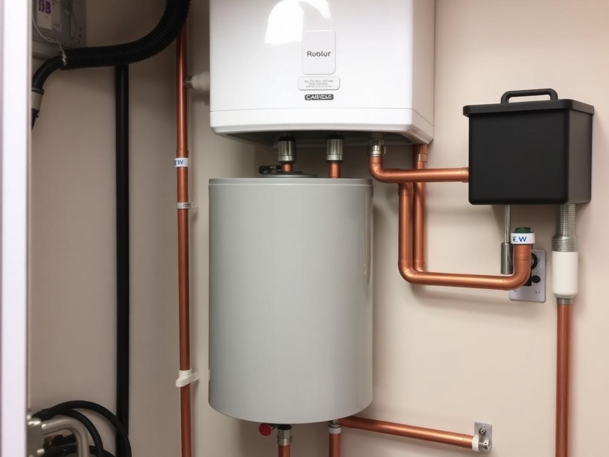 Newly installed water heater with clean copper pipework in a utility space
